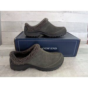 Lands End Chalet Clog 6.5M Dark Gray Suede Slip-On Shoes Faux Shearling Lining